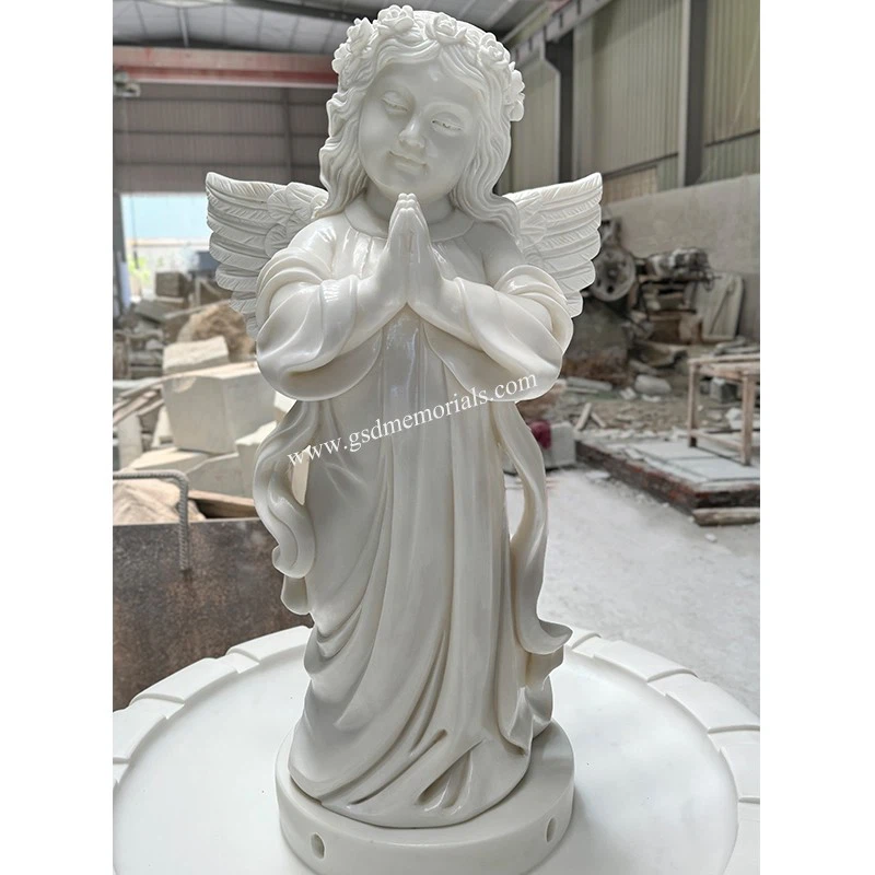 White Marble Carved Prayer Little Angel Statue For Memorials